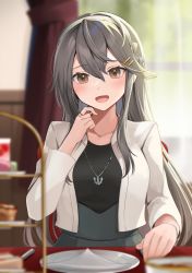Rule 34 | 1girl, absurdres, black hair, brown eyes, casual, collarbone, food, grey skirt, hair between eyes, hair ornament, hairclip, haruna (kancolle), highres, indoors, jacket, jewelry, kantai collection, long hair, looking at viewer, mitsukoshi (department store), necklace, open clothes, open jacket, open mouth, plate, sitting, skirt, smile, solo, tiered tray, white jacket, yunamaro