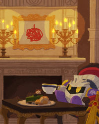 Rule 34 | armor, cake, candle, cape, chair, chimney, cup, fire, food, glowing, glowing eyes, highres, ice cream, kirby (series), light, looking to the side, looking up, mask, meta knight, miclot, nintendo, plate, portrait, shoulder armor, shoulder pads, sitting, solo, sword, tea, weapon, yellow eyes