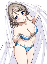 Rule 34 | 10s, 1girl, bare shoulders, blue bra, blue eyes, blue panties, blush, bra, breasts, brown hair, cleavage, clenched teeth, cowboy shot, female focus, grin, highres, large breasts, lingerie, looking at viewer, love live!, love live! sunshine!!, midriff, navel, off shoulder, panties, sankuro (agoitei), short hair, simple background, smile, solo, standing, strap slip, teeth, underwear, underwear only, watanabe you, white background