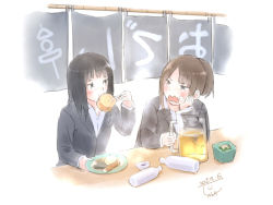 Rule 34 | 2girls, alcohol, arm support, bad id, bad pixiv id, bar (place), beer, beer mug, black hair, blush, brown hair, choko (cup), cup, dated, eating, food, formal, hand on own cheek, hand on own face, long hair, looking at another, mug, multiple girls, oden, office lady, original, ponytail, short ponytail, signature, sitting, suit, taka (tsmix), tokkuri, upper body, wavy mouth, white background