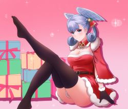Rule 34 | 1girl, absurdres, blue eyes, boots, breasts, christmas, clothes between thighs, curly hair, dress, elbow gloves, feet out of frame, gloves, hat, head wings, highres, holding, holding staff, looking at viewer, medium breasts, melia antiqua, mercury xeno, nintendo, silver hair, simple background, smile, staff, thigh gap, thighhighs, twintails, white background, wings, xenoblade chronicles (series), xenoblade chronicles 1