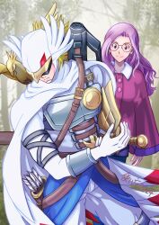 Rule 34 | 1boy, 1girl, absurdres, aged up, animal, animal on shoulder, armlet, armor, arrow (projectile), bird, bird on shoulder, blonde hair, blue pantyhose, bodysuit, bow (weapon), breastplate, cape, closed mouth, commentary request, covered eyes, crossbow, digimon, digimon (creature), digimon adventure 02, digimon adventure 02: the beginning, earrings, glasses, helmet, highres, holding, holding sheath, inoue miyako, jewelry, light smile, long hair, miniskirt, pantyhose, parted bangs, partial commentary, poncho, purple eyes, purple hair, purple skirt, quiver, round eyewear, scabbard, sheath, sheathed, shield, short hair, single bracer, skirt, standing, sword, thighlet, tsukaima (vfcou), valkyrimon, waist cape, weapon, weapon on back, white bodysuit, white cape, winged helmet