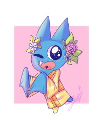 Rule 34 | absurdres, adorabat, animal ears, bat (animal), bat wings, blue fur, blush, cherryrollarts, fang, flower, highres, japanese clothes, kimono, mao mao: heroes of pure heart, one eye closed, open mouth, simple background, wings, yellow kimono