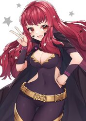 Rule 34 | 1girl, :d, belt, black cape, bodysuit, breasts, cape, cleavage, clenched hand, covered navel, fire emblem, fire emblem engage, gluteal fold, hako momiji, hand on own hip, hand up, highres, long hair, looking at viewer, medium breasts, nintendo, open mouth, orange eyes, red hair, smile, solo, star (symbol), v, white background, yunaka (fire emblem)
