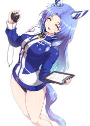 Rule 34 | 1girl, animal ears, blue hair, blue jacket, breasts, clipboard, closed eyes, commentary, cowboy shot, ear covers, ear ornament, facing viewer, feet out of frame, godolphin barb (umamusume), highres, holding, holding clipboard, holding stopwatch, horse ears, horse girl, horse tail, horseshoe ornament, jacket, large breasts, long hair, long sleeves, parted bangs, parted lips, pataneet, simple background, smile, solo, stopwatch, striped clothes, striped jacket, tail, track jacket, umamusume, very long hair, watch, white background, white jacket