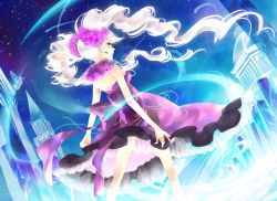 Rule 34 | arms at sides, dress, jewelry, legs apart, long hair, looking back, necklace, original, outdoors, see-through, sky, solo, sparkle, standing, star (sky), star (symbol), starry sky, tachibana yukiji, twintails, very long hair, white hair