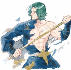 Rule 34 | 1boy, abs, bare pectorals, beard, circlet, closed mouth, facial hair, fire emblem, fire emblem: three houses, fire emblem heroes, green eyes, green hair, highres, holding, holding spear, holding weapon, looking afar, male focus, matching hair/eyes, muscular, nintendo, nipples, nitako, pectorals, polearm, seteth (fire emblem), simple background, solo, spear, torn clothes, upper body, weapon, white background
