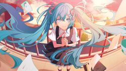 Rule 34 | 1girl, absurdres, aqua eyes, aqua hair, bag, black skirt, closed mouth, collared shirt, commentary request, feet out of frame, fisheye, foreshortening, hair ribbon, hatsune miku, highres, long hair, looking at viewer, neck ribbon, outdoors, own hands together, paper, pink ribbon, pleated skirt, ribbon, school bag, shirt, short sleeves, skirt, solo, standing, twintails, very long hair, vocaloid, waizumi, white shirt