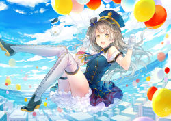 Rule 34 | 10s, 1girl, balloon, bird, boots, building, city, cityscape, cross-laced footwear, day, gloves, green hair, grey hair, happy birthday, hat, high heel boots, high heels, lace-up boots, long hair, love live!, love live! school idol festival, love live! school idol project, minami kotori, police hat, ribbon, rio.lw, sky, solo, thigh boots, thighhighs, yellow eyes