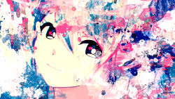 Rule 34 | 1girl, abstract, abstract background, bad id, bad pixiv id, blue hair, close-up, closed mouth, hair between eyes, hatsune miku, head tilt, limited palette, looking at viewer, meola, multicolored eyes, paint splatter, smile, solo, tagme, vocaloid