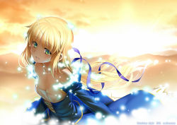 Rule 34 | 1girl, ahoge, artoria pendragon (fate), bare shoulders, blonde hair, breasts, cleavage, corset, dress, fate/stay night, fate (series), green eyes, hair ribbon, long hair, looking at viewer, namonashi, ribbon, saber (fate), skirt, sky, small breasts, smile, solo, sunset