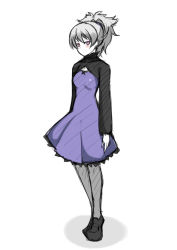 Rule 34 | 1girl, bad id, bad pixiv id, darker than black, dress, expressionless, full body, loafers, long sleeves, mary janes, pantyhose, pink eyes, ponytail, purple skirt, shadow, shoes, silver hair, skirt, solo, tennen0201, white background, yin (darker than black)