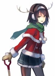 Rule 34 | 10s, 1girl, alternate costume, antlers, black hair, brown eyes, capelet, commentary request, gloves, green scarf, hair ornament, hairband, horns, kantai collection, long sleeves, looking at viewer, natsuyuki, pantyhose, pleated skirt, santa costume, scarf, short hair, simple background, skirt, smile, solo, standing, tanikaze (kancolle), white background