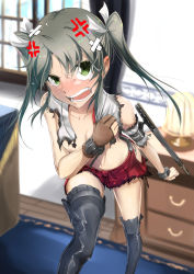 Rule 34 | 1girl, armor, bad id, bad pixiv id, bandaid, bandaid on hair, blush, boots, breastplate, burnt clothes, carpet, chest of drawers, covering privates, covering breasts, crossed bandaids, damaged, desk, green eyes, green hair, hair ribbon, hakama, hakama short skirt, hakama skirt, highres, japanese clothes, kantai collection, lamp, long hair, muneate, open mouth, ribbon, skirt, solo, tasuki, tears, thigh boots, thighhighs, torn clothes, twintails, white ribbon, window, zombie mogura, zuikaku (kancolle)