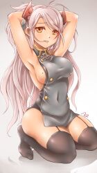 Rule 34 | 1girl, absurdres, antenna hair, armpits, arms behind head, arms up, ass, azur lane, black dress, black thighhighs, blush, breasts, commentary, covered navel, cross, dress, garter straps, grey hair, hair in own mouth, headgear, highres, huge ass, iron cross, kazetuki, kneeling, large breasts, long hair, looking at viewer, mole, mole on breast, multicolored hair, no shoes, orange eyes, parted lips, prinz eugen (azur lane), red hair, shadow, sideboob, simple background, sleeveless, sleeveless dress, smile, solo, streaked hair, thick thighs, thighhighs, thighs, third-party source, two side up, very long hair, white background