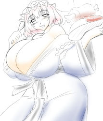 Rule 34 | 1girl, bare shoulders, breasts, cleavage, curvy, dress, female focus, food, gomesu, gradient background, hat, hip focus, huge breasts, hungry, pale color, pink hair, saigyouji yuyuko, short hair, sketch, solo, spoon, standing, tongue, touhou, white background, wide hips