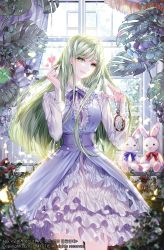 Rule 34 | 1girl, blue dress, breasts, cover, cover page, dress, flower, green eyes, green hair, hair behind ear, head tilt, holding, holding pocket watch, kiwikong, korean commentary, leaf, long hair, medium breasts, novel cover, official art, ohaetuseong-i gajjaneun geotman guildeul-inda, pocket watch, red flower, smile, solo, stuffed animal, stuffed rabbit, stuffed toy, sunlight, watch, window