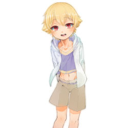 Rule 34 | 1boy, aged down, blush, child, child gilgamesh (fate), fate (series), gilgamesh (fate), highres, hood, hoodie, looking at viewer, male focus, midriff, navel, open mouth, shorts, simple background, smile, solo, soumen nigoki, white background