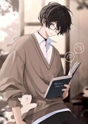 Rule 34 | 1boy, absurdres, animal, artist name, black hair, book, cafe, cat, cat cafe, cat tail, choker, coffee, coffee mug, collared shirt, commentary request, cup, glasses, green eyes, hair between eyes, hanami haru, highres, holding, holding book, mug, original, pants, shirt, short hair, sitting, solo, sweater, tail