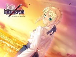 Rule 34 | 00s, 1girl, ahoge, artoria pendragon (fate), blonde hair, bow, cityscape, copyright name, dutch angle, fate/hollow ataraxia, fate/stay night, fate (series), hair bow, looking back, saber (fate), smile, solo, sunset, takeuchi takashi, wallpaper