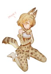 Rule 34 | 10s, 1girl, animal ear fluff, animal ears, ankle boots, bare shoulders, belt, blonde hair, boots, breasts, catchphrase, commentary request, elbow gloves, full body, gloves, hand up, high-waist skirt, highres, kemono friends, kneeling, looking at viewer, medium breasts, orange gloves, orange neckwear, orange thighhighs, serval (kemono friends), serval print, serval tail, shirt, short hair, simple background, skirt, sleeveless, sleeveless shirt, solo, tail, thighhighs, timbougami, tongue, tongue out, white background, white footwear, white shirt, yellow eyes