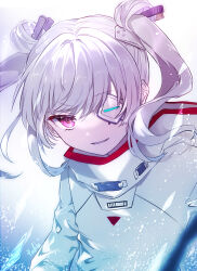 Rule 34 | 1girl, commentary, eyepatch, heaven burns red, long sleeves, looking at viewer, one eye covered, parted lips, red eyes, sidelocks, smile, solo, sweater, twintails, upper body, white hair, white sweater, yamawaki bon ivar, yokogon