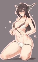 Rule 34 | 10s, 1girl, absurdres, armpits, bare legs, barefoot, bikini, bikini pull, black hair, blush, breasts, brown background, cleavage, clothes pull, embarrassed, enosan, front-tie bikini top, front-tie top, frown, full body, groin, hair between eyes, headgear, highres, kantai collection, kneeling, large breasts, long hair, looking at viewer, nagato (kancolle), navel, outline, red eyes, simple background, solo, stomach, swimsuit, untied bikini, very long hair, wavy mouth, white bikini