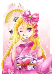 Rule 34 | 1girl, animal print, blonde hair, bow, braid, braided bangs, butterfly ornament, butterfly print, cherry blossoms, commentary, cure butterfly, detached sleeves, grin, hat, hat bow, highres, hijiri ageha, hirogaru sky! precure, japanese clothes, kimono, long hair, looking at viewer, magical girl, manekineko5319, mob cap, multicolored hair, nail polish, obi, one eye closed, orange hair, pink bow, pink hat, pink kimono, pink nails, pink sleeves, precure, print kimono, purple eyes, sash, sleeveless, sleeveless kimono, smile, solo, two-tone hair, v over mouth, wide sleeves