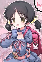 Rule 34 | 1girl, absurdres, backpack, bag, bag charm, belt, black hair, blush, blush stickers, bow, buckle, charm (object), dress, fang, hair bobbles, hair ornament, heart, heart-shaped buckle, highres, holding strap, kaai yuki, long sleeves, looking at viewer, low twintails, open mouth, pokopokotarou1, randoseru, ribbon, short hair, solo, twintails, vocaloid, yellow eyes