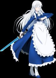 Rule 34 | 1girl, apron, black background, blue dress, blue eyes, blush, boots, closed mouth, dress, elf, hand up, long sleeves, looking at viewer, maid apron, pointy ears, schnee raizar, short hair, simple background, smile, solo, sword, the new gate, very short hair, weapon, white hair