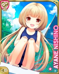 Rule 34 | 1girl, barefoot, blonde hair, bush, card, character name, day, fence, girlfriend (kari), nishino ayane, official art, one-piece swimsuit, open mouth, outdoors, pool, qp:flapper, red eyes, sitting, smile, solo, swimsuit, tagme, twintails