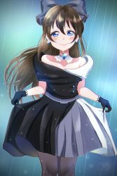 Rule 34 | 1girl, absurdres, aqua eyes, artist name, artist request, back bow, bare shoulders, belt, black dress, black gloves, black pantyhose, black skirt, blue eyes, blue sky, blush, bow, bow hairband, breasts, brooch, brown hair, brown pantyhose, buttons, choker, cleavage, cloud, collarbone, diamond (gemstone), dress, drop earrings, earrings, evening gown, female focus, floating hair, gloves, grey belt, grey bow, grey skirt, hair between eyes, hair bow, hairband, half updo, high ponytail, highres, holding, holding clothes, holding skirt, jewelry, lace, lace gloves, long hair, looking at viewer, love live!, love live! nijigasaki high school idol club, love live! school idol festival, miniskirt, multicolored clothes, multicolored dress, noanekosan, off-shoulder dress, off shoulder, osaka shizuku, outdoors, pantyhose, parted lips, plaid, plaid dress, plaid skirt, pleated, pleated dress, pleated skirt, ponytail, skirt, sky, sleeveless, sleeveless dress, small breasts, smile, solitude rain (love live!), solo, two-tone dress, wavy hair, wet, wet clothes, wet dress, wet hair, white bow, white choker, white dress, white skirt