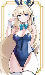 Rule 34 | 1girl, animal ears, arm behind back, blonde hair, blue archive, blue bow, blue bowtie, blue eyes, blue leotard, bow, bowtie, breasts, covered navel, cowboy shot, detached collar, fake animal ears, halo, highres, leotard, long hair, looking at viewer, medium breasts, open mouth, playboy bunny, rabbit ears, solo, takimoto yukari, thighhighs, toki (blue archive), toki (bunny) (blue archive), v, white thighhighs, wrist cuffs