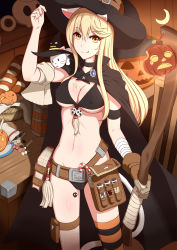 Rule 34 | 1girl, animal ears, bad id, bad pixiv id, bandages, basket, belt, blonde hair, book, bread, breasts, candy, cape, covered erect nipples, crescent moon, fedsnk, food, gloves, groin, halloween, hat, highres, horizontal-striped legwear, jack-o&#039;-lantern, long hair, medium breasts, moon, navel, single thighhigh, smile, striped clothes, striped thighhighs, thighhighs, tongue, tongue out, witch hat, yellow eyes