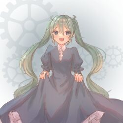 Rule 34 | 1girl, :d, aqua eyes, aquamarinu, blue dress, chaban capriccio (vocaloid), clockworker&#039;s doll, dress, evillious nendaiki, fang, gears, green hair, grey background, hatsune miku, heartbeat clocktower (vocaloid), highres, houtei no nushi, juliet sleeves, long hair, long sleeves, looking at viewer, master of the court (vocaloid), open mouth, petticoat, puffy sleeves, skin fang, skirt hold, smile, solo, twintails, very long hair, victorian, vocaloid