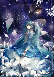 Rule 34 | 1girl, absurdly long hair, blue eyes, blue hair, bow, bowtie, crown, dress, flower, hair between eyes, hair bow, hair ribbon, hairband, hatsune miku, kleinlight, lily (flower), long dress, long hair, looking at viewer, mini crown, petals, pink bow, pink ribbon, ribbon, smile, solo, twintails, very long hair, vocaloid, white bow, white flower, wrist cuffs