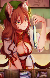 Rule 34 | 1girl, :3, absurdres, aged up, alternate breast size, alternate hair length, alternate hairstyle, animal, animal ear fluff, animal ears, breasts, brown hair, cat ears, cat tail, chen, chinese clothes, cleavage, cleavage cutout, closed mouth, clothing cutout, commentary request, cowboy shot, earrings, fish, food stand, green hat, hair between eyes, hair over shoulder, hand up, hat, highres, holding, holding animal, holding fish, indoors, jewelry, lace trim, leaning forward, long hair, mob cap, multiple tails, puffy short sleeves, puffy sleeves, ribbon, sash, shirt, short sleeves, sidelocks, signature, single earring, smile, solo, tail, touhou, two tails, uchisaki himari, very long hair, white sash, white shirt, yellow ribbon