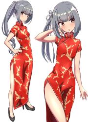 Rule 34 | 1girl, :o, alternate costume, black legwear, blush, breasts, china dress, chinese clothes, comala (komma la), dress, full body, grey hair, hair ribbon, hand on own hip, high heels, highres, kantai collection, kasumi (kancolle), long hair, multiple views, ponytail, red dress, ribbon, short sleeves, side ponytail, side slit, small breasts, standing