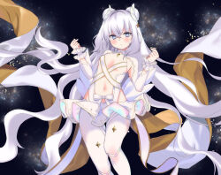 Rule 34 | + +, 1girl, :&lt;, :o, absurdres, azur lane, bare shoulders, blue eyes, blush, bow, breasts, clenched hands, closed mouth, clothing cutout, collarbone, cowboy shot, crossed bangs, detached sleeves, dot nose, double bun, feet out of frame, fingernails, floating hair, frilled sleeves, frills, groin, hair between eyes, hair bun, hair ornament, hair ribbon, hanada no kiwami, hands up, head tilt, highres, le malin (azur lane), le malin (muse) (azur lane), legs together, leotard, long hair, long sleeves, looking at viewer, navel, official alternate costume, pantyhose, parted lips, revealing clothes, ribbon, see-through, sidelocks, simple background, skirt, sky, sleeveless, small breasts, solo, space, standing, star (sky), star (symbol), starry background, starry sky, stomach, symbol-shaped pupils, thigh gap, tutu, very long hair, w arms, wavy hair, white bow, white hair, white pantyhose, white ribbon, white skirt, wing hair ornament, wrist cuffs
