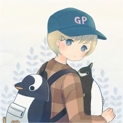 Rule 34 | 1girl, ayu (mog), backpack, bad id, bad pixiv id, bag, baseball cap, bird, blonde hair, blue hat, bright pupils, closed mouth, from side, gentoo penguin, grey eyes, hat, long sleeves, looking at viewer, looking to the side, original, penguin, short hair, signature, solo, striped clothes, striped sweater, sweater, upper body