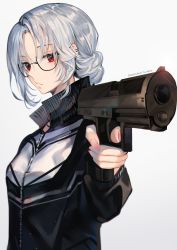 Rule 34 | 1girl, a maru, absurdres, bad id, bad pixiv id, black jacket, ear piercing, glasses, grey hair, gun, handgun, highres, holding, holding gun, holding weapon, huge filesize, jacket, looking at viewer, original, piercing, pointy nose, red eyes, short hair, simple background, solo, weapon, white background