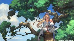 Rule 34 | 1girl, bird, blonde hair, bow, character name, copyright notice, dark-skinned female, dark skin, detached sleeves, dress, elfriend (shiranui flare), gloves, hair bow, hand on own knee, highres, hololive, lack, long hair, multicolored hair, official art, orange eyes, outdoors, pointy ears, ponytail, shiranui flare, shiranui flare (1st costume), sidelocks, sitting, streaked hair, thighhighs, tree, v, virtual youtuber, white dress, white gloves