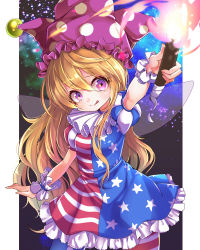 Rule 34 | 1girl, :q, american flag legwear, american flag shirt, american flag skirt, arm up, blonde hair, clownpiece, contrapposto, fairy wings, frilled skirt, frills, hair between eyes, hat, head tilt, highres, holding, holding torch, jester cap, long hair, looking at viewer, nebula, neck ruff, outstretched arm, pantyhose, puffy short sleeves, puffy sleeves, purple eyes, short sleeves, skirt, solo, space, star (sky), star (symbol), tongue, tongue out, torch, touhou, very long hair, wikumi, wings, wrist cuffs