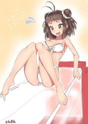 Rule 34 | 10s, 1girl, alternate costume, antenna hair, ass, bare arms, bare legs, bare shoulders, barefoot, bathtub, between toes, bikini, breasts, brown eyes, brown hair, commentary request, double bun, feet, front-tie top, gradient background, hair bun, kantai collection, knees together feet apart, looking down, naka (kancolle), sensen, solo, stomach, swimsuit, thighs, transparent bathtub, white bikini