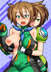 Rule 34 | 2girls, anger vein, assisted exposure, bare shoulders, blush, breast envy, grabbing another&#039;s breast, breast slip, breasts, brown hair, deep skin, fang, gloves, grabbing, green eyes, honey jacket, honeycomb (pattern), honeycomb background, honeycomb pattern, ikkei (bobusuman), juuzen desu, large breasts, little prim, multiple girls, nipples, one breast out, patty (pso2), phantasy star, phantasy star online 2, pointy ears, short twintails, sweat, tear (pso2), twintails