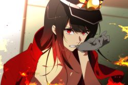 Rule 34 | 1672, 1boy, anime coloring, bad id, bad twitter id, black hair, dressing, fate/grand order, fate (series), fire, flaming hair, gloves, grey gloves, hair down, hat, male focus, mouth hold, oda nobukatsu (fate), red eyes, red shirt, shako cap, shirt, topless male, solo, twitter username, upper body