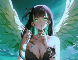 Rule 34 | 1girl, angel wings, bare arms, bare shoulders, black hair, breast tattoo, breasts, butterfly tattoo, character request, chopsticks, cloud, copyright request, fader ec, green eyes, green hair, highres, large breasts, long hair, looking at viewer, multicolored hair, nail polish, sky, snake, solo, tattoo, two-tone hair, upper body, very long hair, wings