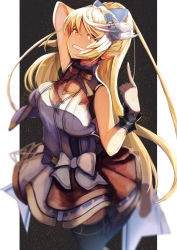 Rule 34 | 1girl, absurdres, arm behind back, bare arms, blonde hair, blurry, bow, bowtie, breasts, cleavage cutout, clothing cutout, dark-skinned female, dark elf, dark skin, depth of field, elf, film grain, gloves, grin, hair ribbon, high collar, high ponytail, highres, hololive, huge filesize, idol, idol clothes, long hair, looking at viewer, maruno ball, medium breasts, miniskirt, multicolored hair, nonstop story, official alternate costume, pointy ears, ribbon, shiranui flare, sidelocks, skirt, skirt set, sleeveless, smile, solo, streaked hair, swept bangs, teeth, vest, virtual youtuber, white gloves, wrist cuffs, yellow eyes