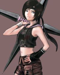 Rule 34 | 00s, 1990s (style), 1girl, bare shoulders, black hair, blue eyes, detached sleeves, final fantasy, final fantasy vii, final fantasy vii advent children, hand on own hip, headband, hip focus, lowres, midriff, short hair, shorts, shuriken, solo, vest, weapon, yuffie kisaragi, yusao