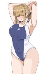 Rule 34 | 1girl, armpits, arms up, blue one-piece swimsuit, blush, breasts, commentary request, competition swimsuit, hair over eyes, large breasts, light brown hair, long bangs, one-piece swimsuit, original, puuyan, short hair, sidelocks, simple background, solo, standing, swimsuit, white background